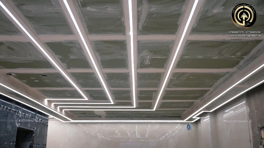Geometric ceiling lighting during interior fit-out